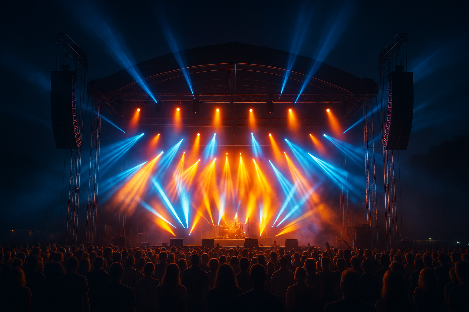 Kompleksowa obsługa techniczna koncertu plenerowego, wynajem sceny z oświetleniem i nagłośnieniem Line Array