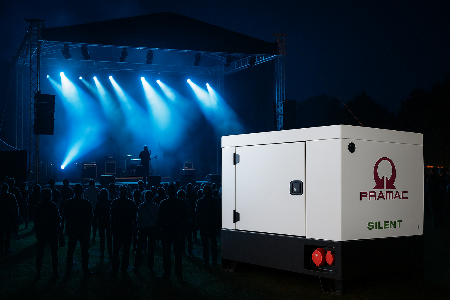 Wyciszony agregat prądotwórczy na imprezie plenerowej przy scenie koncertowej – wynajem Event Serwis