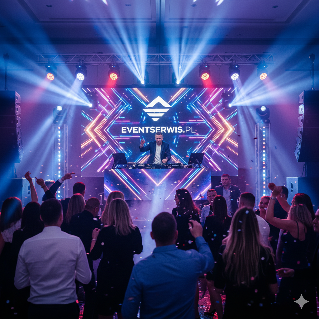 DJ grający na konsoli na scenie podczas imprezy firmowej, otoczony dynamicznym oświetleniem i dużym ekranem LED z logo Eventserwis.pl. Na pierwszym planie tańczący goście, konfetti w powietrzu. Obraz przedstawia kompleksową oprawę muzyczną i techniczną eventu.