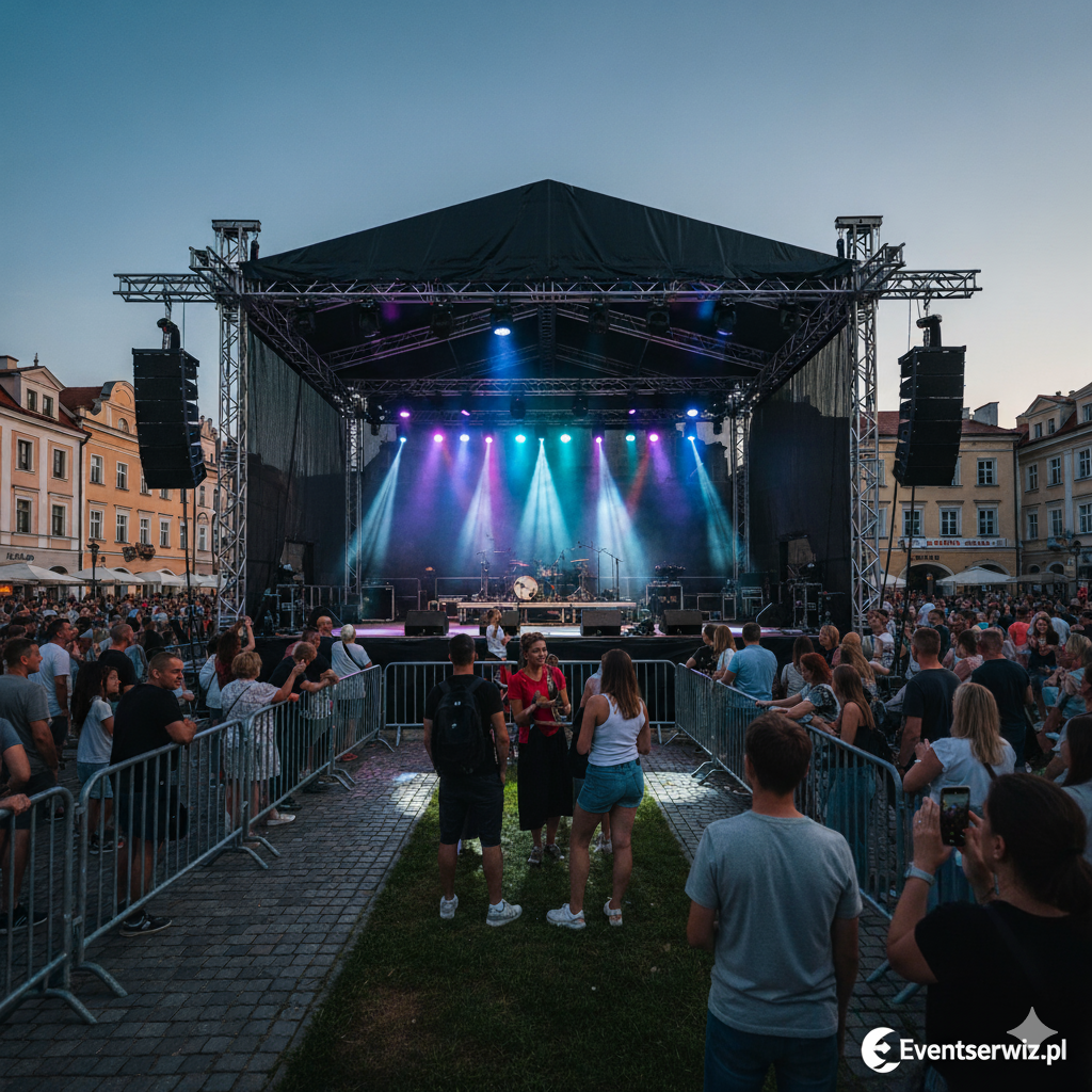 Profesjonalna scena mobilna z atestem i nagłośnieniem Line Array. Kompleksowa obsługa techniczna imprez plenerowych dla Urzędów i Domów Kultury.