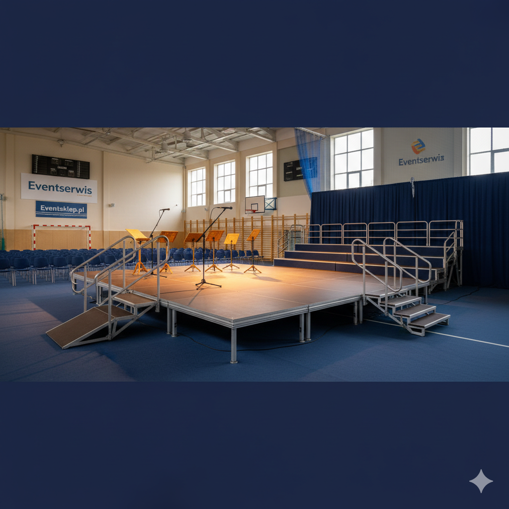 Kompletny zestaw sceniczny Eventserwis w nowoczesnej sali gimnastycznej. Widoczna jest główna, mobilna scena modułowa z regulowaną wysokością, zintegrowany, schodkowy podest dla chóru, a także barierki ochronne, schody modułowe oraz aluminiowy najazd dla niepełnosprawnych (rampa). Idealne rozwiązanie jako scena do szkoły.