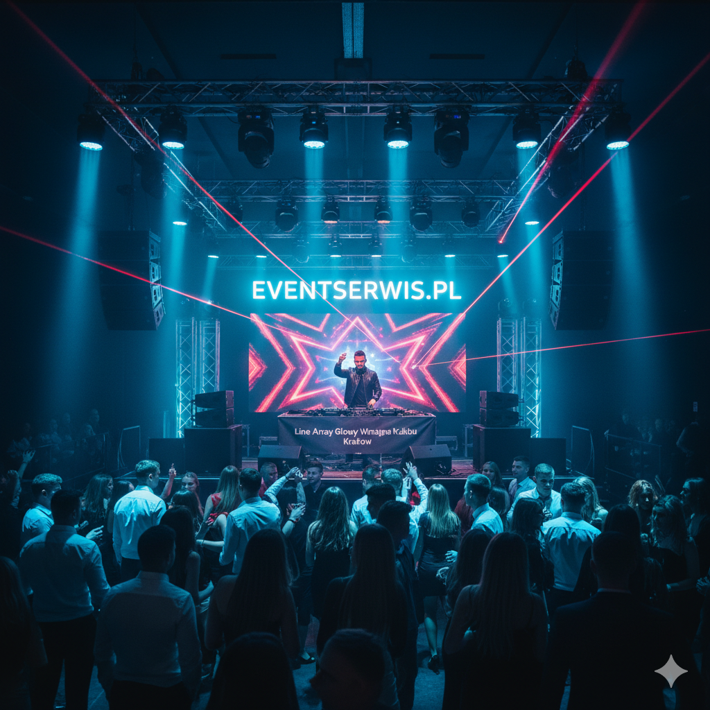 DJ grający w klubie z logo Eventserwis.pl, z tłumem, nagłośnieniem Line Array i klubowym oświetleniem w Krakowie.