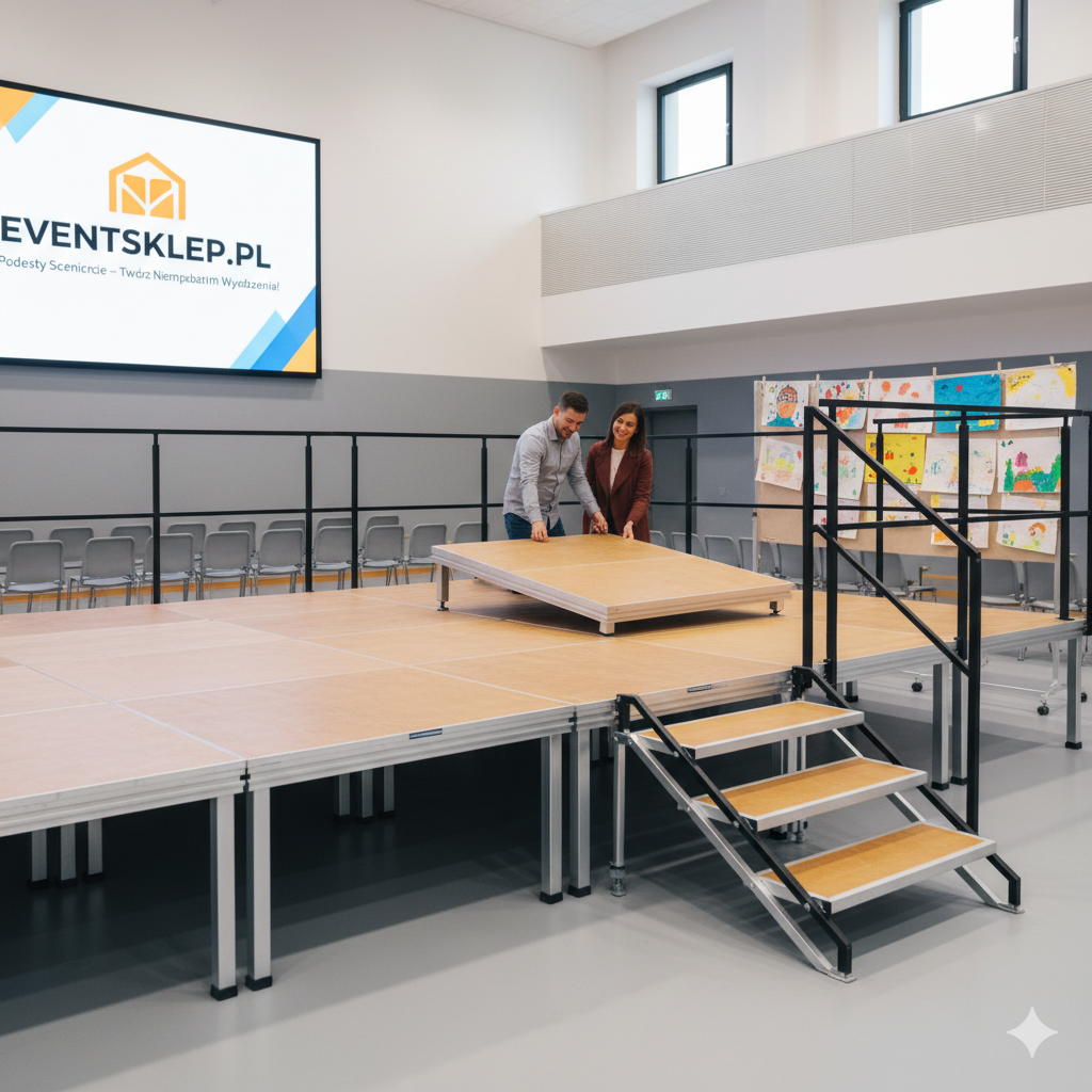 Montaż modułowej sceny w szkolnej auli. Dwójka pracowników Eventsklep.pl składa podest sceniczny 4x3m na nogach regulowanych 40-60 cm.