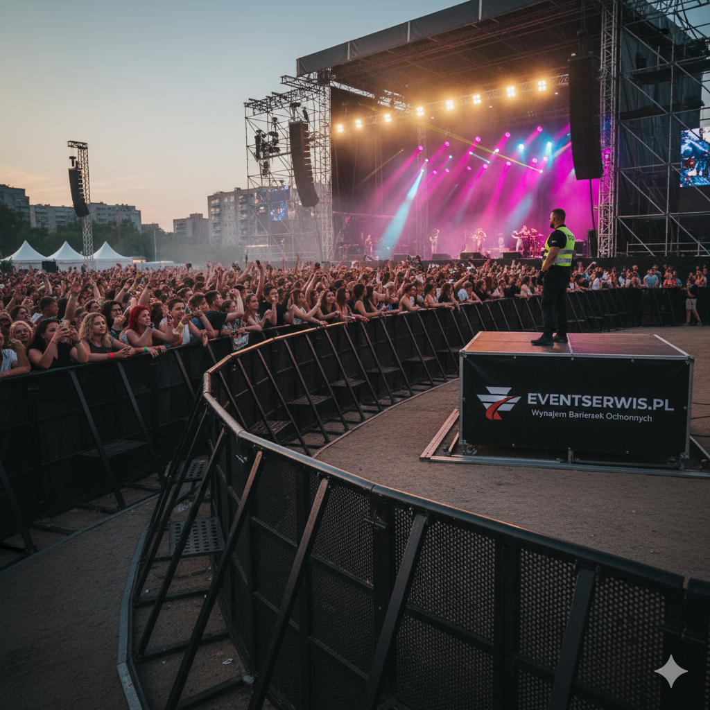 Certyfikowane barierki koncertowe MOJO i zaporowe, używane do zabezpieczenia sceny na imprezie masowej.