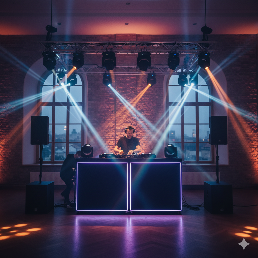 Profesjonalny DJ za konsolą Pioneer z pełnym nagłośnieniem i oświetleniem scenicznym, gotowy na event w Krakowie, Zakopanem lub Małopolsce. Wynajem sprzętu DJ od Event Serwis.