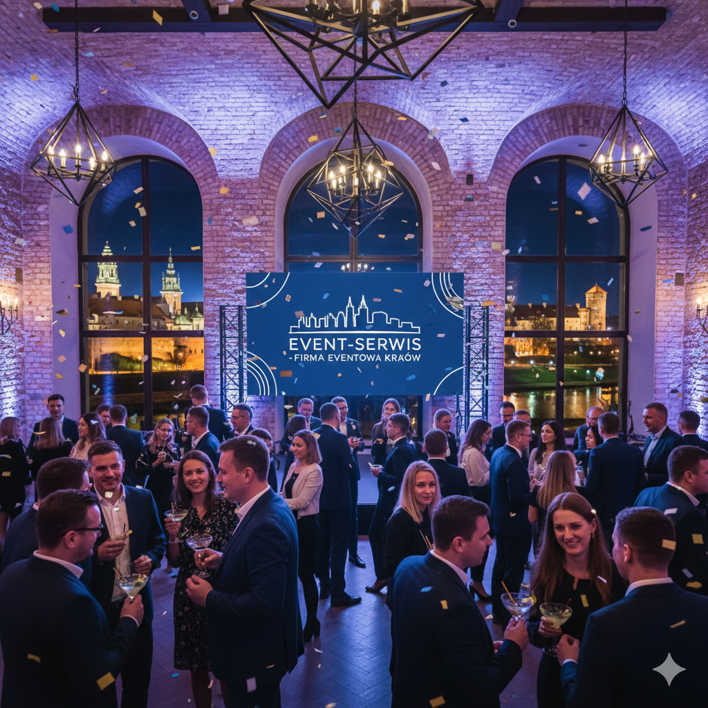 Nowoczesna konferencja lub event firmowy zorganizowany przez firmę Event-Serwis w Krakowie, z widokiem na Wawel i Wisłę. Goście biznesowi rozmawiają w eleganckim, ceglanym wnętrzu, w tle scena z logo Event-Serwis, a przez okna widać nocną panoramę Krakowa.
