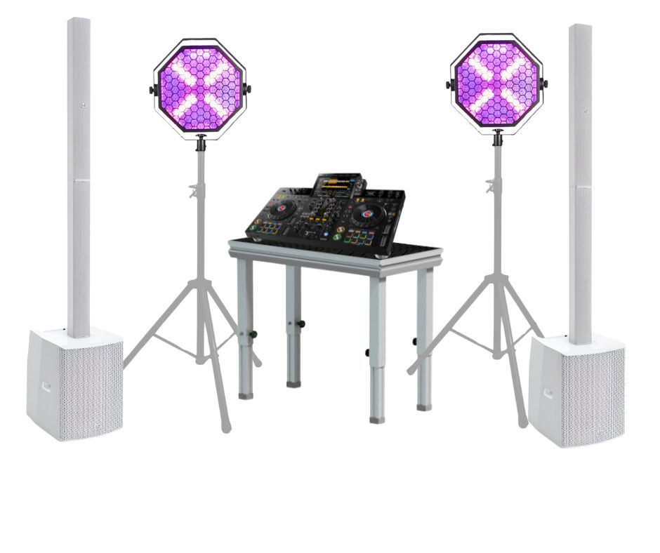 Mini set DJ na event – kompaktowy zestaw nagłośnienia do 100 osób z profesjonalnym stołem DJ AluDeck, oświetleniem retro na statywach i systemem audio LD Systems lub Electro-Voice.