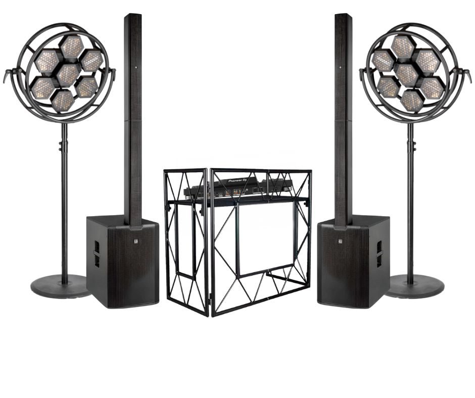 MIDI set DJ na event do 300 osób – profesjonalny zestaw nagłośnienia, stół DJ ADJ Event Table black oraz retro oświetlenie sceniczne typu Portman.