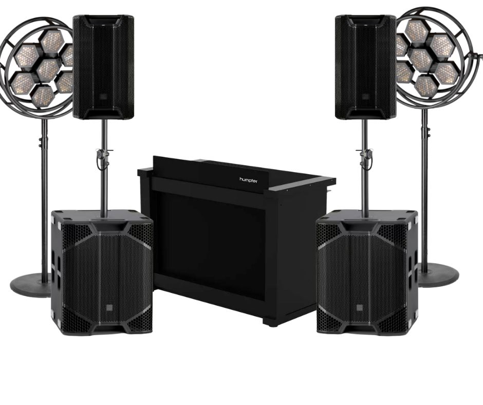 MAXI set DJ na event do 500 osób – nagłośnienie LD Systems ICOA PRO z subwooferami 21”, stół DJ Humpter B3 oraz retro oświetlenie sceniczne typu Portman.