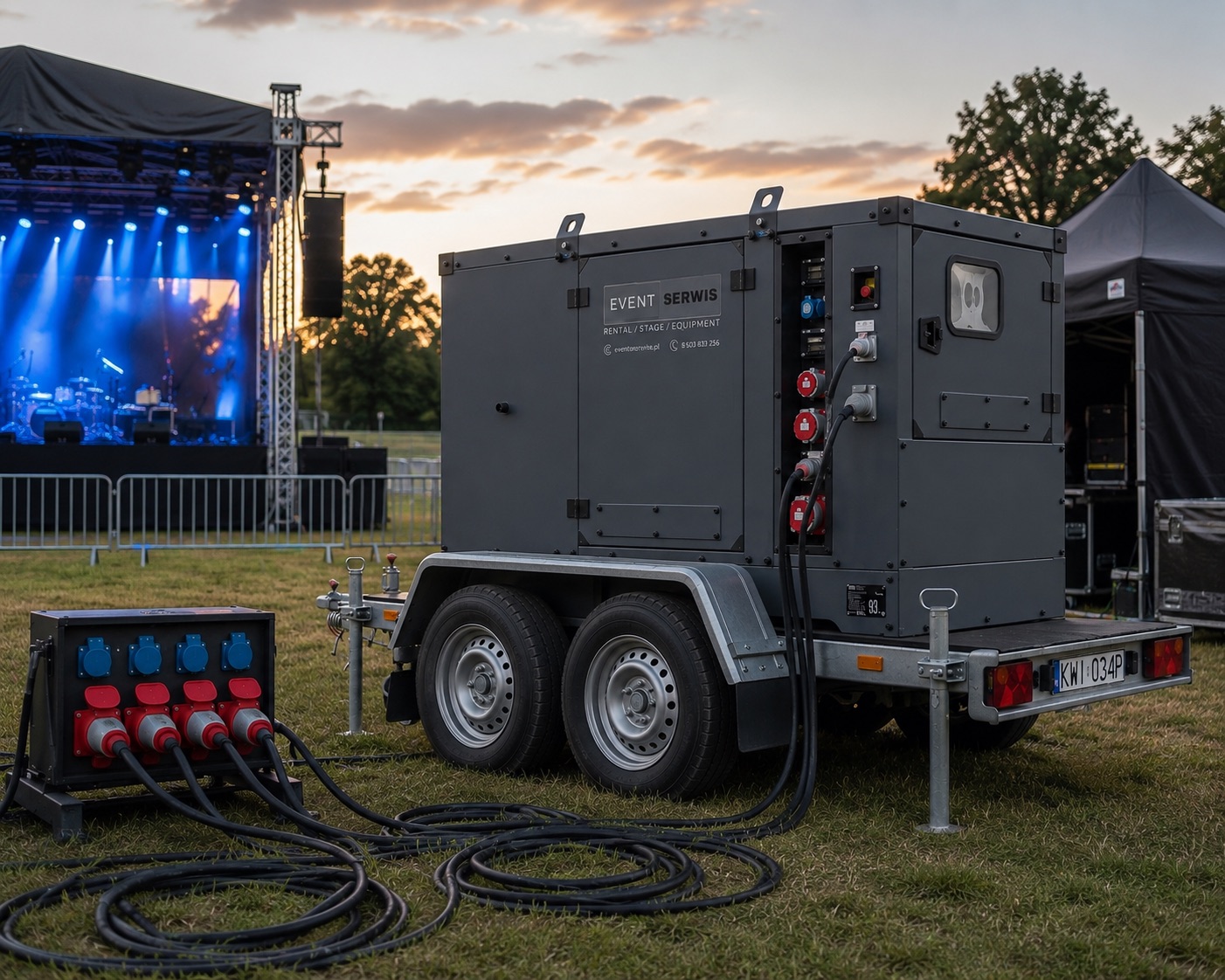 Wyciszony agregat prądotwórczy 60 kW EventSerwis podczas wydarzenia plenerowego z kompletnym systemem rozdzielni i okablowania zasilającego.