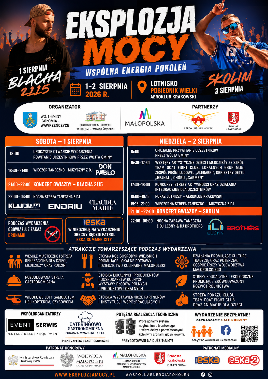 Eksplozja Mocy 2026 – plakat dwudniowego bezpłatnego festiwalu muzycznego na lotnisku Pobiednik Wielki. Koncerty Blacha 2115 i Skolim, strefa DJ, atrakcje rodzinne oraz profesjonalna realizacja techniczna Event Serwis.