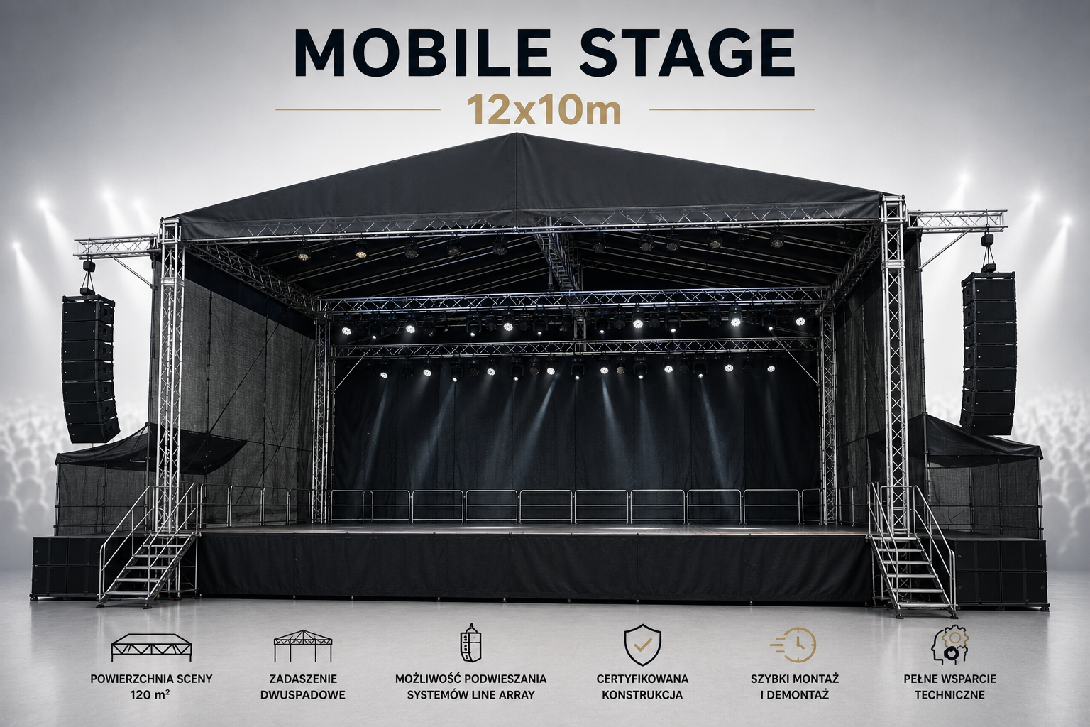 Modular Stage 12x10m with gable roof, line array wings and large concert stage for festivals, concerts and outdoor events by EventSerwis