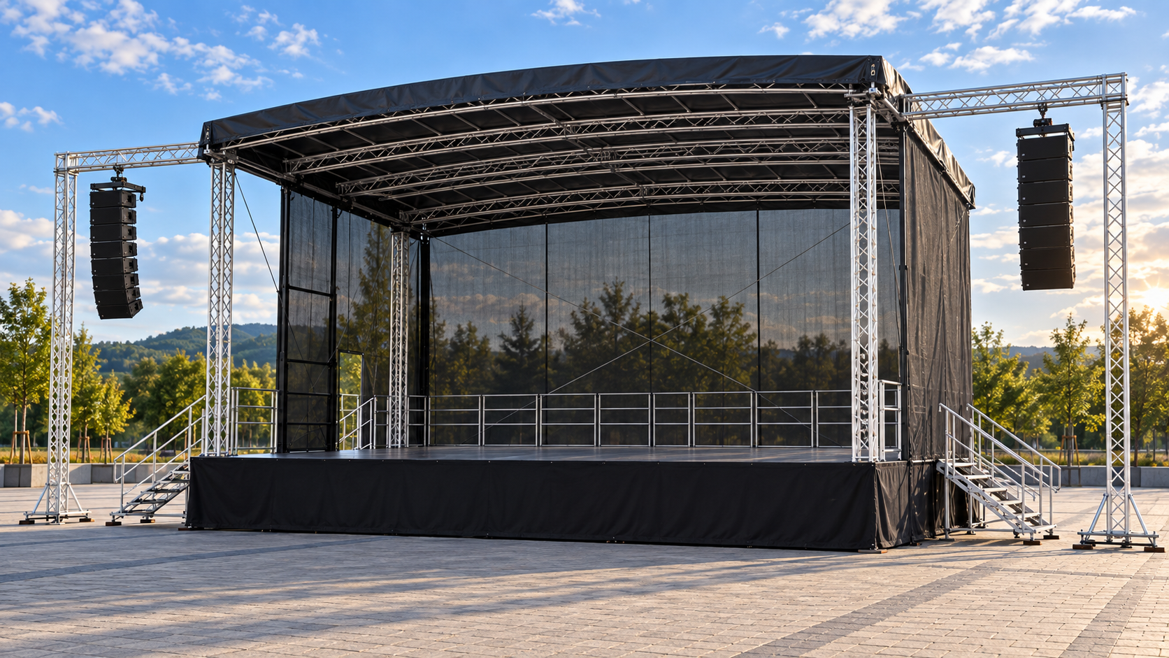 Scena mobilna 10×8 m ze schodami po obu stronach i skrzydłami nagłośnieniowymi