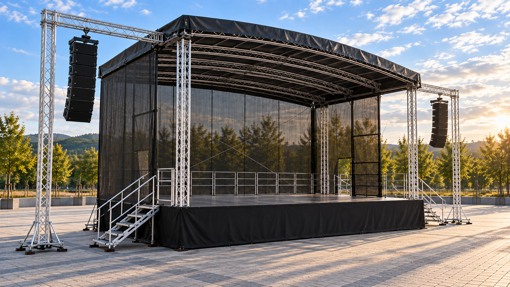 Scena mobilna 10×8 m z bocznej perspektywy — 80 m² przestrzeni na koncerty i wydarzenia w Małopolsce