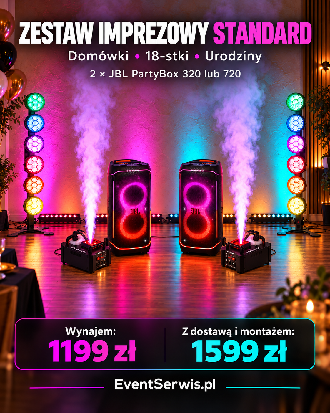 Wizualizacja zestawu STANDARD: dwa głośniki JBL PartyBox, światła, belki LED i wyrzutnie dymu